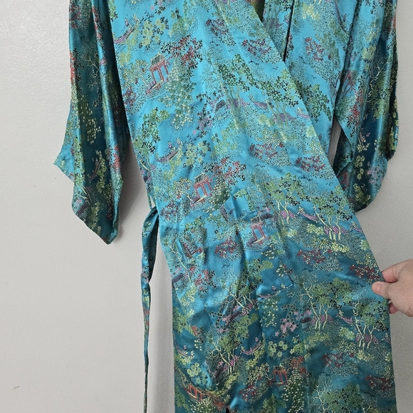 Peony Brand Kimono Robe Womens S Blue Satin Shanghai Vintage Chinese Jacket - Picture 4 of 14